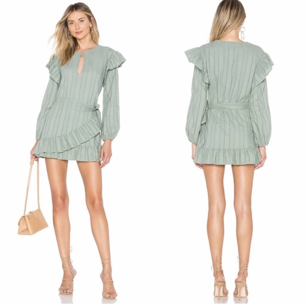 Tularosa Green Long Sleeve Mini Wrap Dress - The Cicely Dress In Sage Green